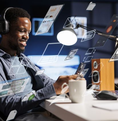 Business person using laptop multitasking to finish daily startup tasks, internet of things concept. Uses artificial intelligence optimization system for productivity, access pc smart things menu.